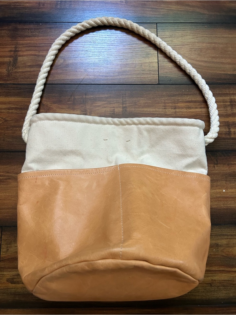ALLHANDS Canvas Tan Leather Rope-Handle Shoulder Tote Bucket Bag Anthropologie